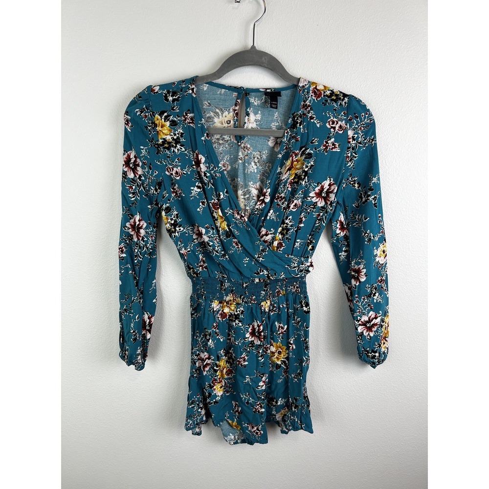 Women's Art Class Size Large (10/12) Blue Floral Romper Long‎ Sleeve